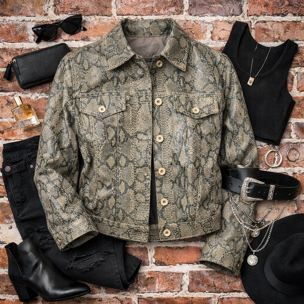 VTG Colebrook Genuine Leathr Y2K Snake Print Cropped Jacket - Olive/Beige